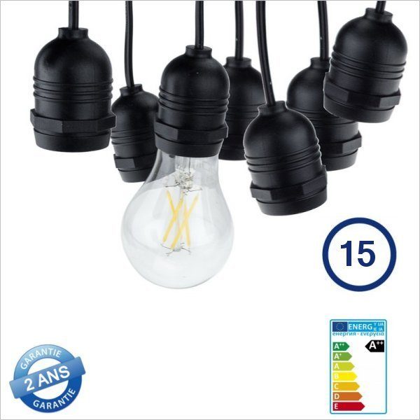 Guirlande Guinguette Noire IP65 14,4m -- 15 lampes E27 style fixe